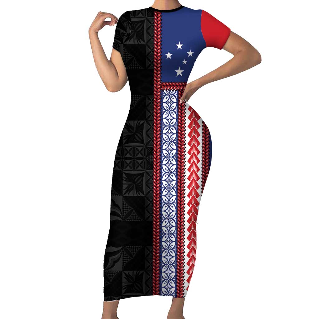 Samoa Flag Family Matching Short Sleeve Bodycon Dress and Hawaiian Shirt Ula Fala With Samoan Siapo LT05 Mom's Dress Black - Polynesian Pride