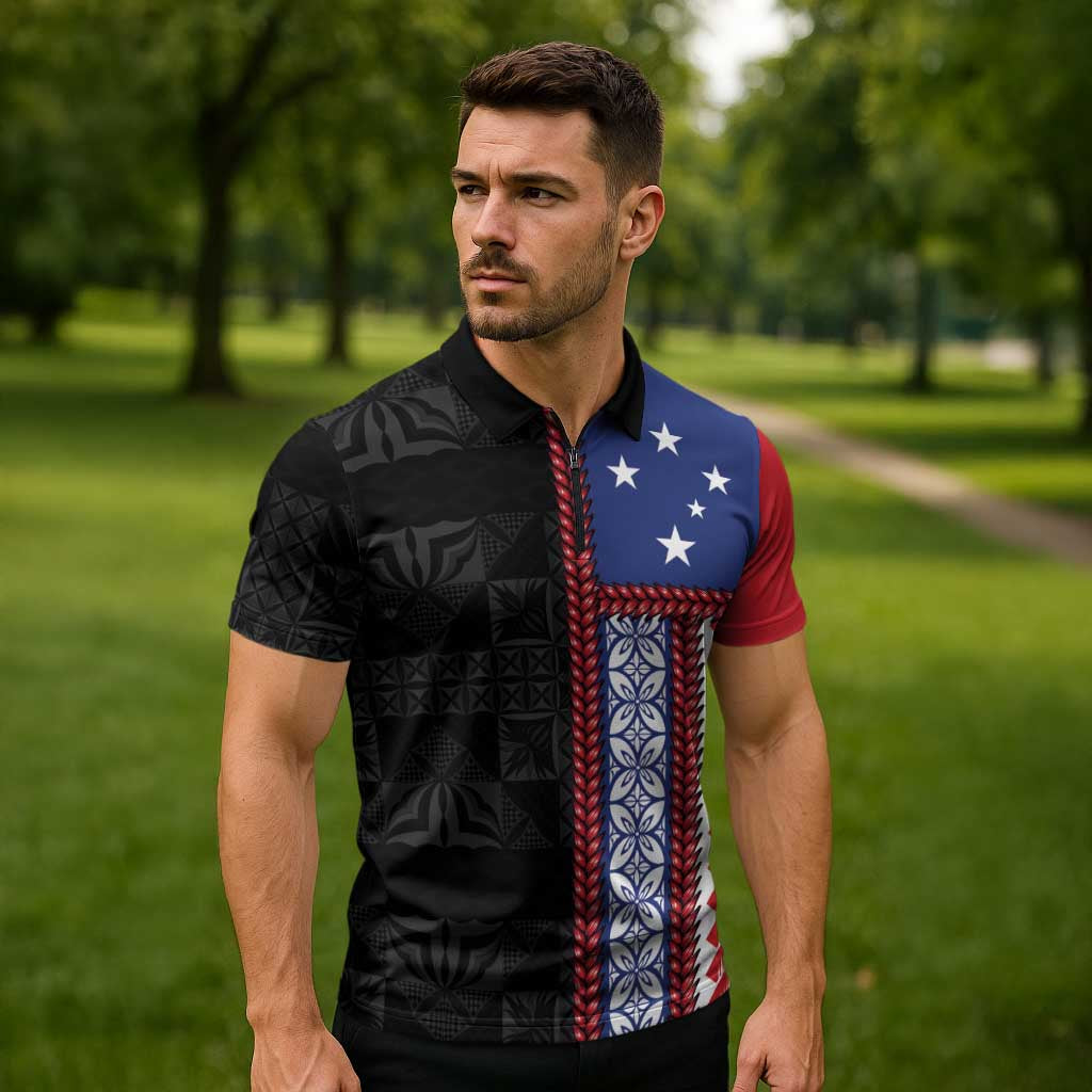 Samoa Flag Zipper Polo Shirt Ula Fala With Samoan Siapo - Polynesian Pride