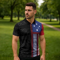 Samoa Flag Zipper Polo Shirt Ula Fala With Samoan Siapo - Polynesian Pride