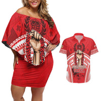 Custom Tonga Rugby Mate Ma'a Couples Matching Off Shoulder Short Dress and Hawaiian Shirt Tongan Pride Unique Style - Polynesian Pride