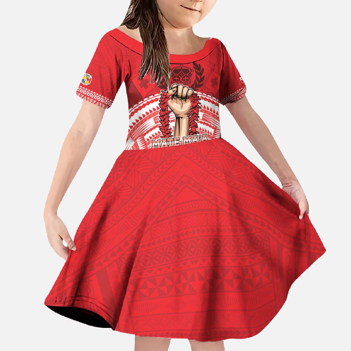 Custom Tonga Rugby Mate Ma'a Family Matching Off The Shoulder Long Sleeve Dress and Hawaiian Shirt Tongan Pride Unique Style LT05 Daughter's Dress Red - Polynesian Pride
