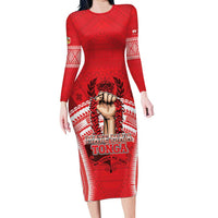 Custom Tonga Rugby Mate Ma'a Long Sleeve Bodycon Dress Tongan Pride Unique Style LT05 Long Dress Red - Polynesian Pride