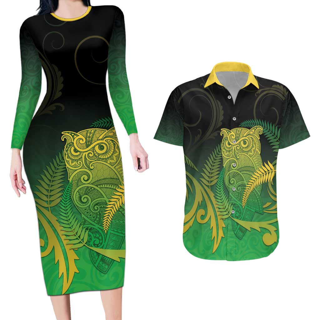 New Zealand Aotearoa Ruru Couples Matching Long Sleeve Bodycon Dress and Hawaiian Shirt Maori Fern Art Green LT05 Green - Polynesian Pride