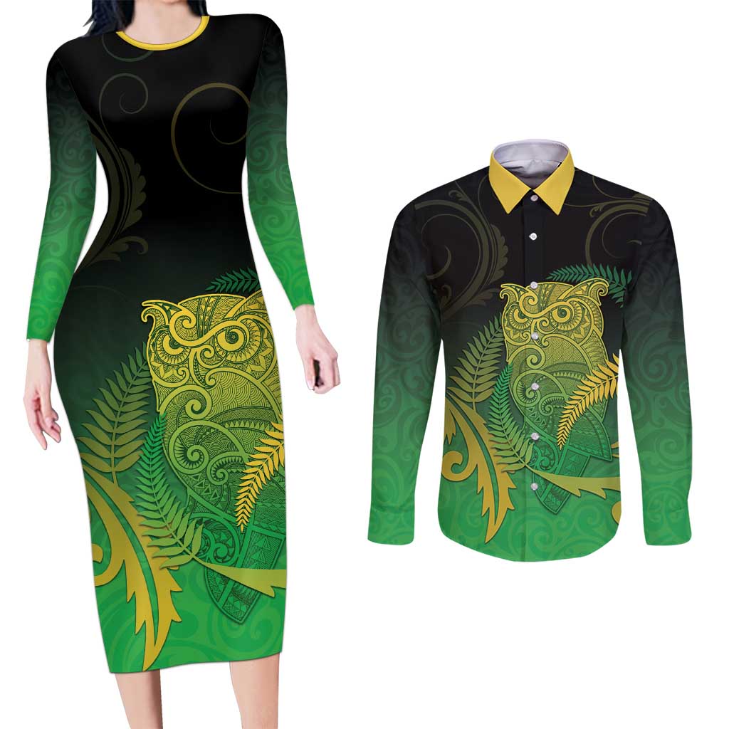 New Zealand Aotearoa Ruru Couples Matching Long Sleeve Bodycon Dress and Long Sleeve Button Shirt Maori Fern Art Green LT05 Green - Polynesian Pride