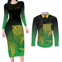 New Zealand Aotearoa Ruru Couples Matching Long Sleeve Bodycon Dress and Long Sleeve Button Shirt Maori Fern Art Green LT05 Green - Polynesian Pride