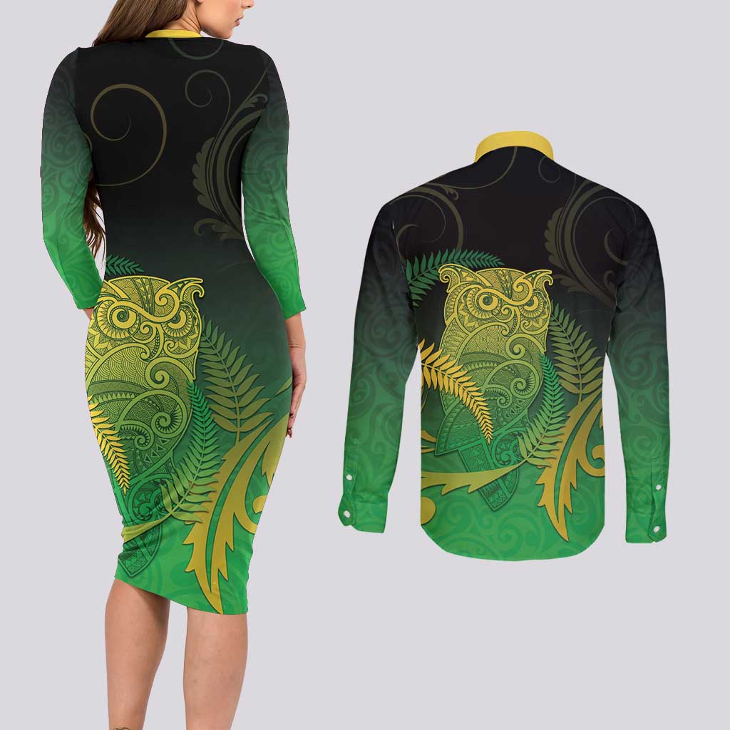 New Zealand Aotearoa Ruru Couples Matching Long Sleeve Bodycon Dress and Long Sleeve Button Shirt Maori Fern Art Green LT05 - Polynesian Pride