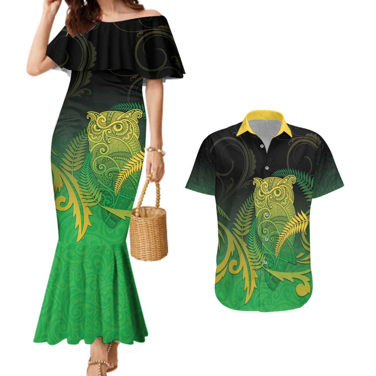 New Zealand Aotearoa Ruru Couples Matching Mermaid Dress and Hawaiian Shirt Maori Fern Art Green LT05 Green - Polynesian Pride