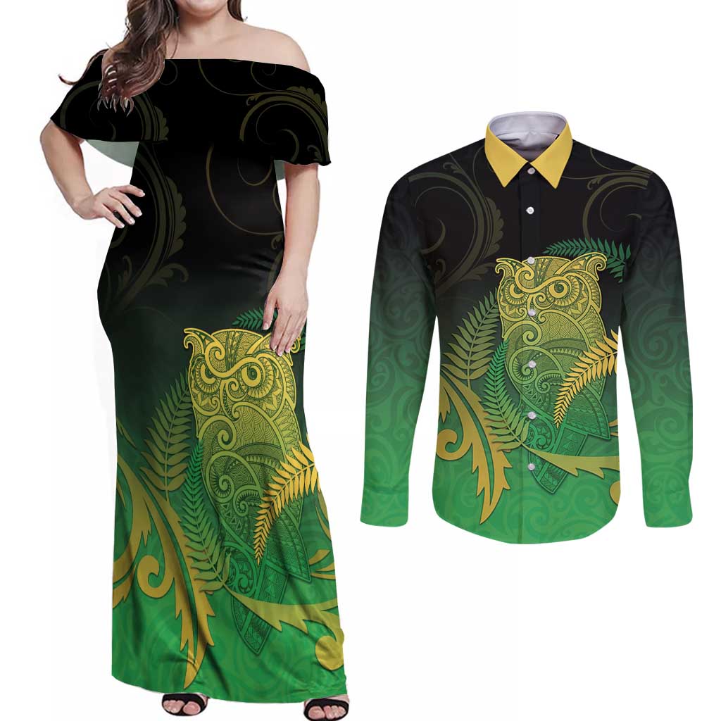New Zealand Aotearoa Ruru Couples Matching Off Shoulder Maxi Dress and Long Sleeve Button Shirt Maori Fern Art Green LT05 Green - Polynesian Pride