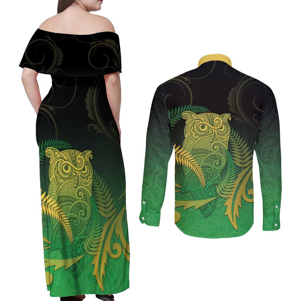 New Zealand Aotearoa Ruru Couples Matching Off Shoulder Maxi Dress and Long Sleeve Button Shirt Maori Fern Art Green LT05 - Polynesian Pride
