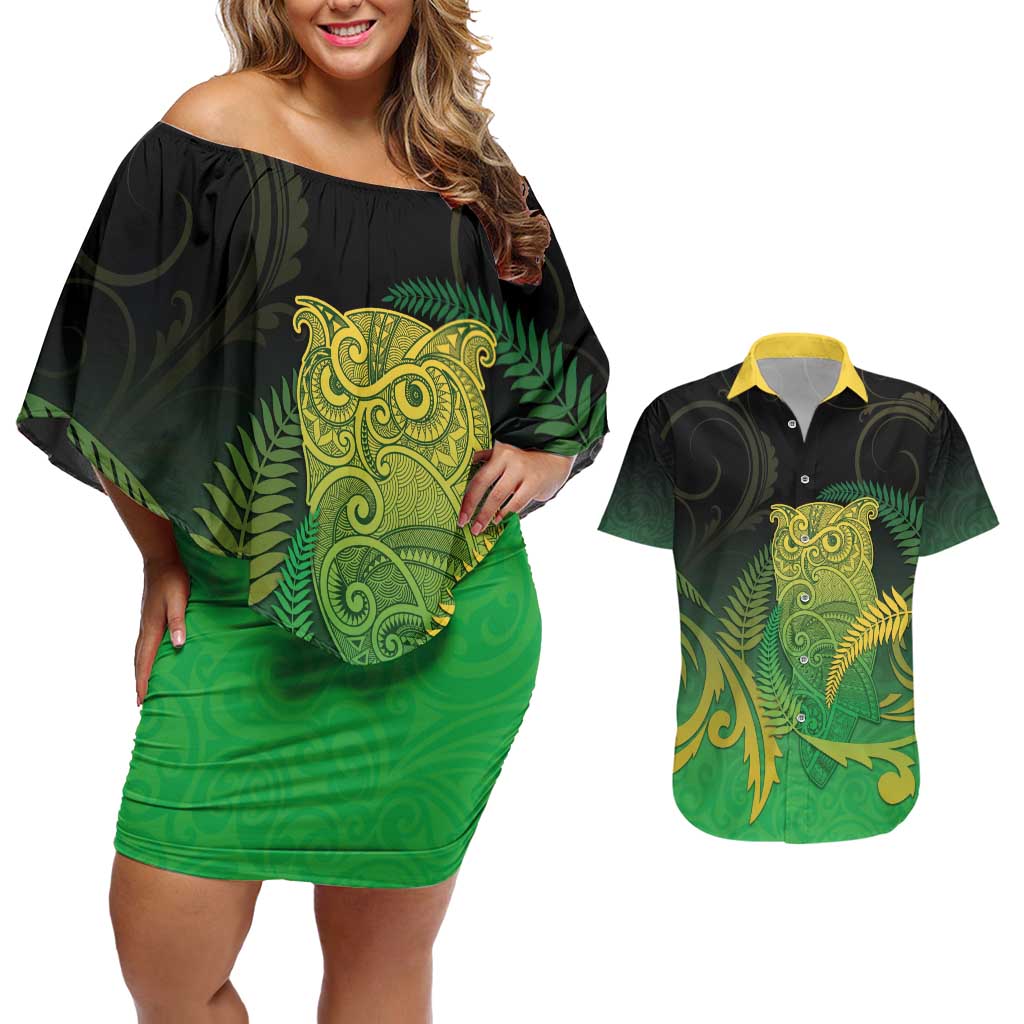 New Zealand Aotearoa Ruru Couples Matching Off Shoulder Short Dress and Hawaiian Shirt Maori Fern Art Green LT05 Green - Polynesian Pride