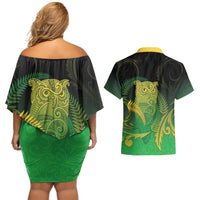 New Zealand Aotearoa Ruru Couples Matching Off Shoulder Short Dress and Hawaiian Shirt Maori Fern Art Green LT05 - Polynesian Pride