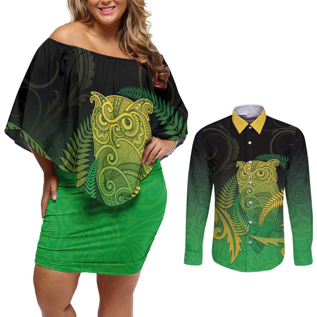 New Zealand Aotearoa Ruru Couples Matching Off Shoulder Short Dress and Long Sleeve Button Shirt Maori Fern Art Green LT05 Green - Polynesian Pride