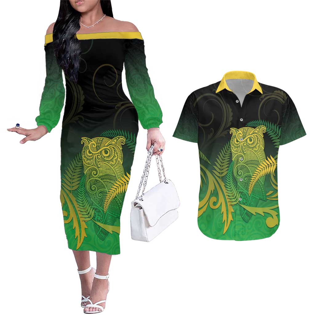 New Zealand Aotearoa Ruru Couples Matching Off The Shoulder Long Sleeve Dress and Hawaiian Shirt Maori Fern Art Green LT05 Green - Polynesian Pride