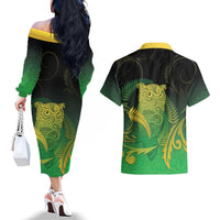 New Zealand Aotearoa Ruru Couples Matching Off The Shoulder Long Sleeve Dress and Hawaiian Shirt Maori Fern Art Green LT05 - Polynesian Pride