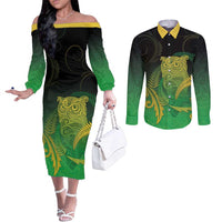New Zealand Aotearoa Ruru Couples Matching Off The Shoulder Long Sleeve Dress and Long Sleeve Button Shirt Maori Fern Art Green LT05 Green - Polynesian Pride