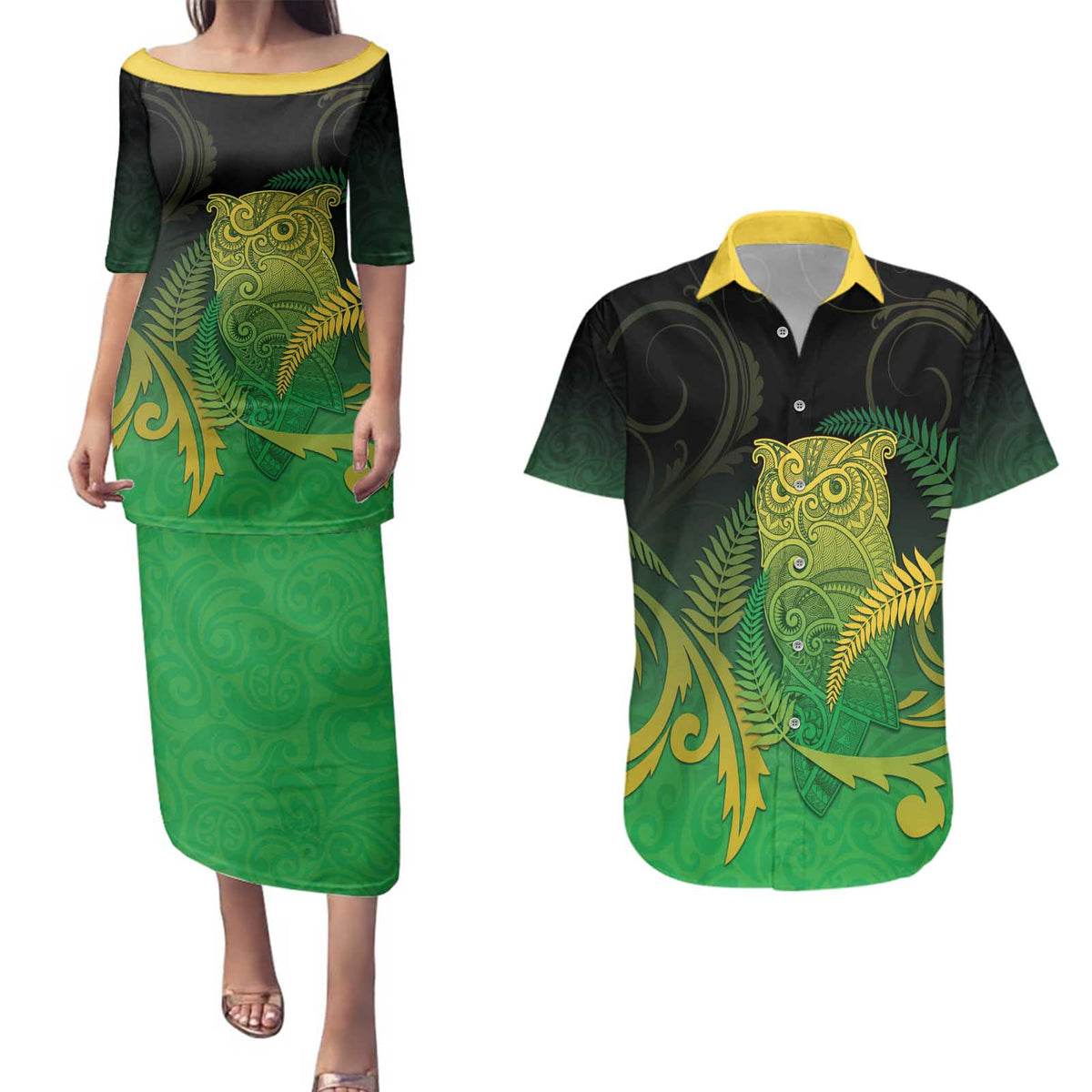 New Zealand Aotearoa Ruru Couples Matching Puletasi and Hawaiian Shirt Maori Fern Art Green LT05 Green - Polynesian Pride