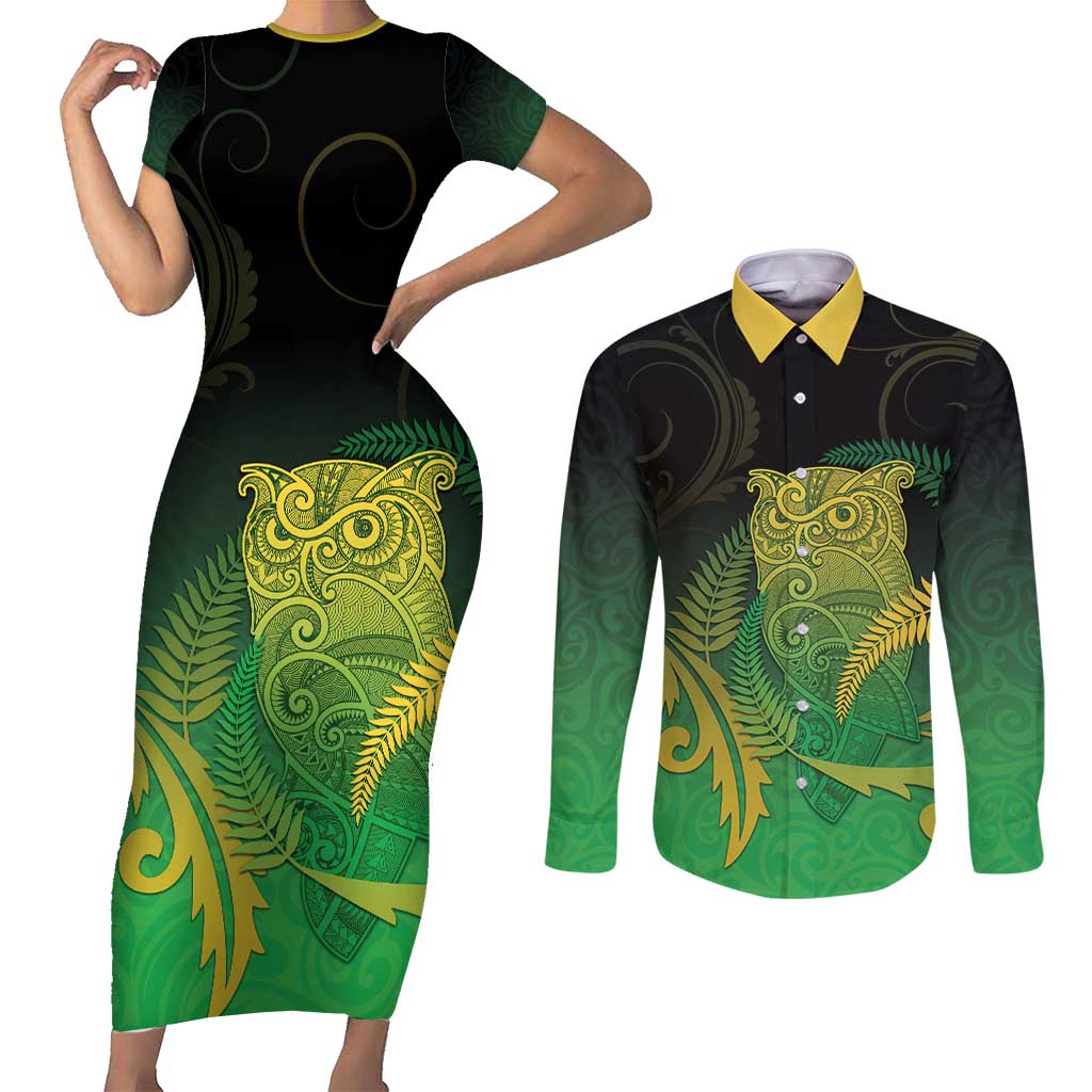 New Zealand Aotearoa Ruru Couples Matching Short Sleeve Bodycon Dress and Long Sleeve Button Shirt Maori Fern Art Green LT05 Green - Polynesian Pride