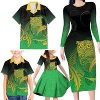 New Zealand Aotearoa Ruru Family Matching Long Sleeve Bodycon Dress and Hawaiian Shirt Maori Fern Art Green LT05 - Polynesian Pride