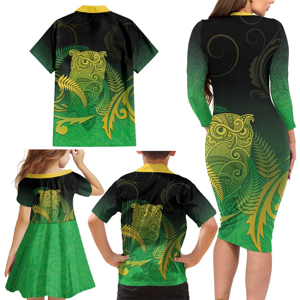 New Zealand Aotearoa Ruru Family Matching Long Sleeve Bodycon Dress and Hawaiian Shirt Maori Fern Art Green LT05 - Polynesian Pride