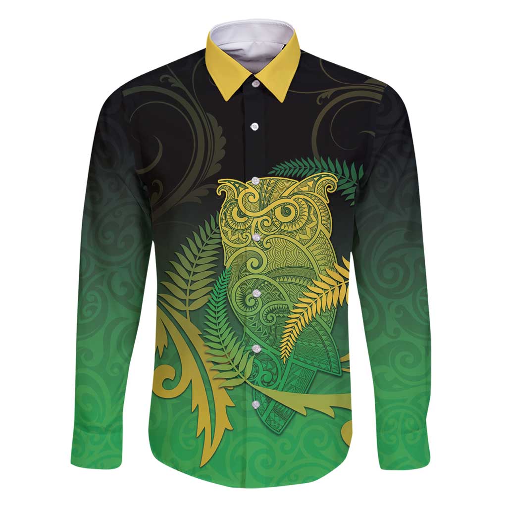 New Zealand Aotearoa Ruru Family Matching Long Sleeve Bodycon Dress and Hawaiian Shirt Maori Fern Art Green LT05 Dad's Shirt - Long Sleeve Green - Polynesian Pride