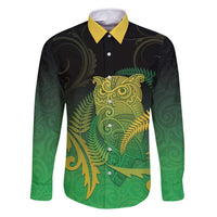 New Zealand Aotearoa Ruru Family Matching Long Sleeve Bodycon Dress and Hawaiian Shirt Maori Fern Art Green LT05 Dad's Shirt - Long Sleeve Green - Polynesian Pride