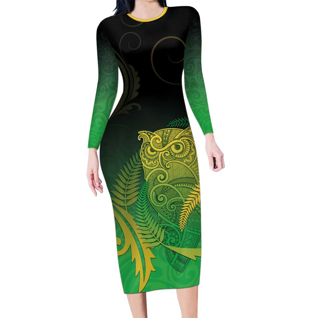 New Zealand Aotearoa Ruru Family Matching Long Sleeve Bodycon Dress and Hawaiian Shirt Maori Fern Art Green LT05 Mom's Dress Green - Polynesian Pride