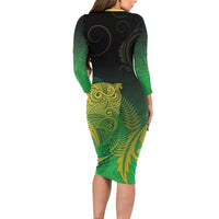 New Zealand Aotearoa Ruru Family Matching Long Sleeve Bodycon Dress and Hawaiian Shirt Maori Fern Art Green LT05 - Polynesian Pride