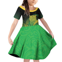 New Zealand Aotearoa Ruru Family Matching Off Shoulder Short Dress and Hawaiian Shirt Maori Fern Art Green LT05 Daughter's Dress Green - Polynesian Pride