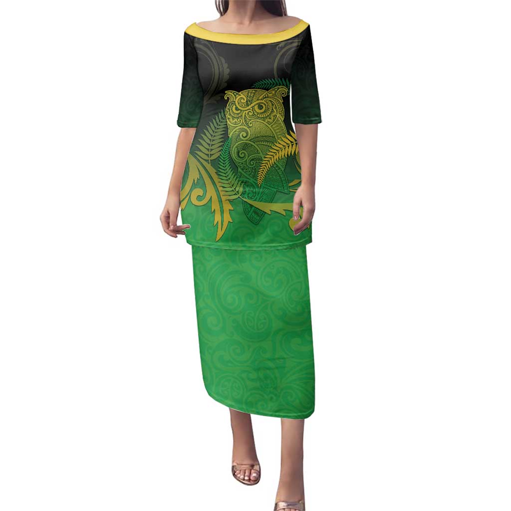 New Zealand Aotearoa Ruru Family Matching Puletasi and Hawaiian Shirt Maori Fern Art Green LT05 Mom's Dress Green - Polynesian Pride