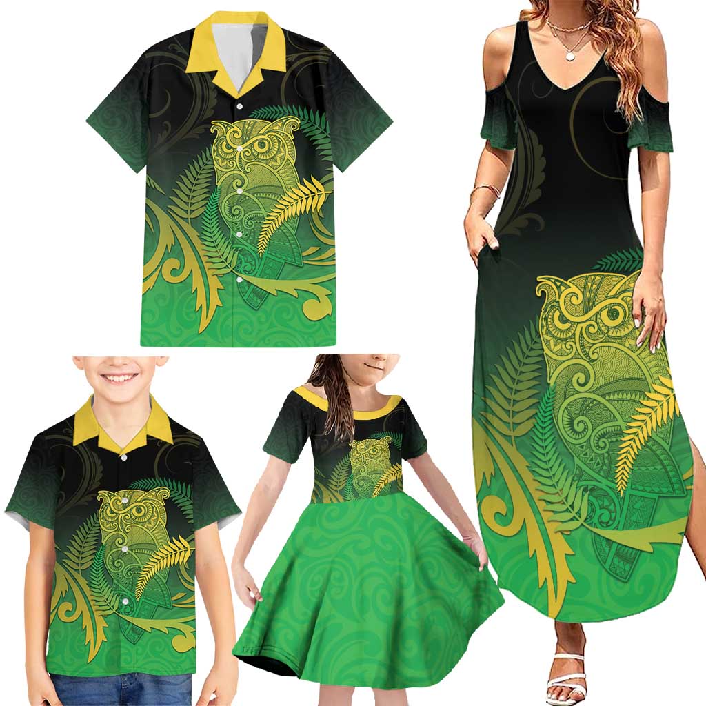 New Zealand Aotearoa Ruru Family Matching Summer Maxi Dress and Hawaiian Shirt Maori Fern Art Green LT05 - Polynesian Pride