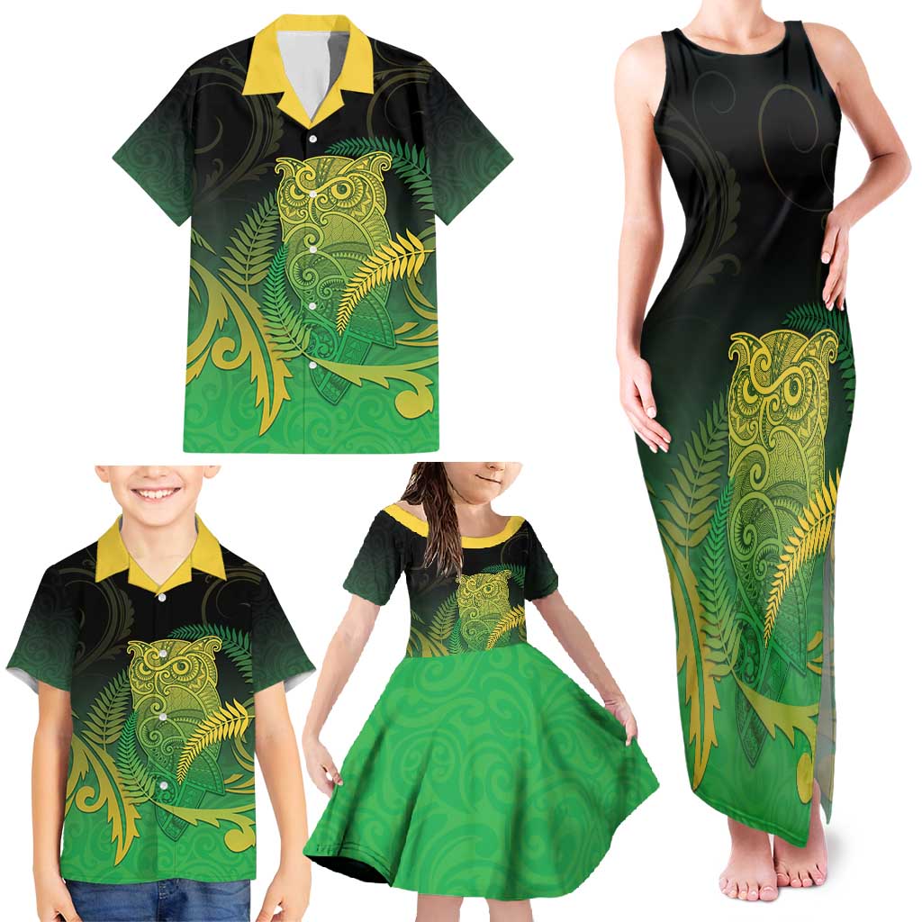 New Zealand Aotearoa Ruru Family Matching Tank Maxi Dress and Hawaiian Shirt Maori Fern Art Green LT05 - Polynesian Pride