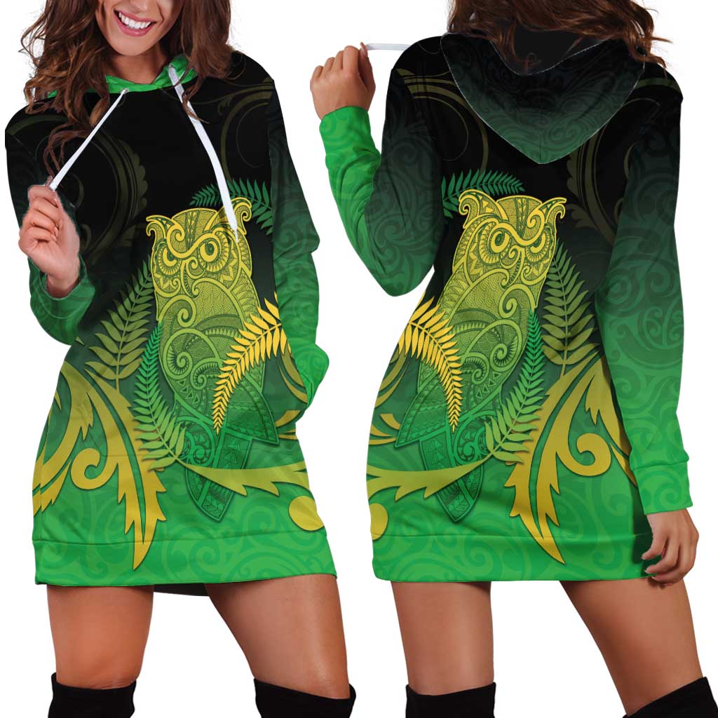 New Zealand Aotearoa Ruru Hoodie Dress Maori Fern Art Green
