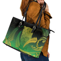New Zealand Aotearoa Ruru Leather Tote Bag Maori Fern Art Green