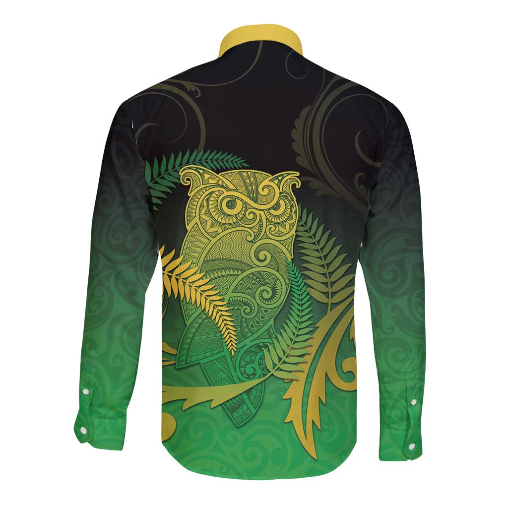 New Zealand Aotearoa Ruru Long Sleeve Button Shirt Maori Fern Art Green
