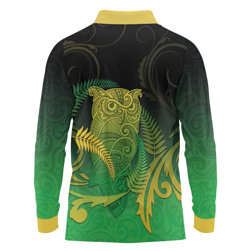 New Zealand Aotearoa Ruru Long Sleeve Polo Shirt Maori Fern Art Green