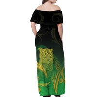 New Zealand Aotearoa Ruru Off Shoulder Maxi Dress Maori Fern Art Green