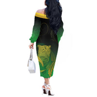 New Zealand Aotearoa Ruru Off The Shoulder Long Sleeve Dress Maori Fern Art Green