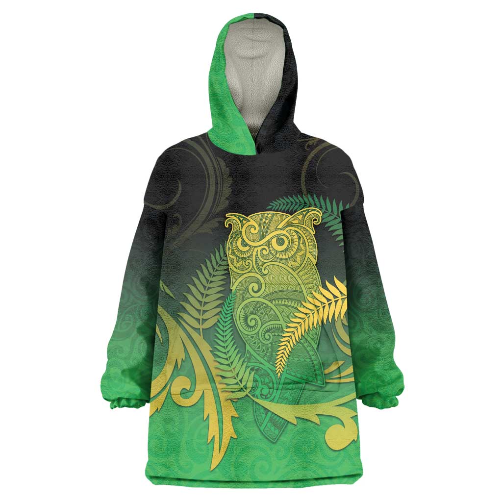 New Zealand Aotearoa Ruru Wearable Blanket Hoodie Maori Fern Art Green LT05 One Size Green - Polynesian Pride