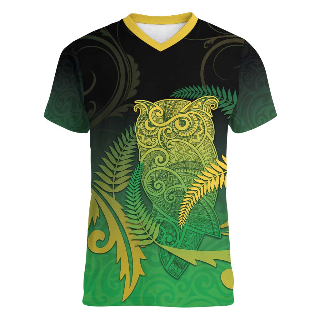 New Zealand Aotearoa Ruru Women V-Neck T-Shirt Maori Fern Art Green