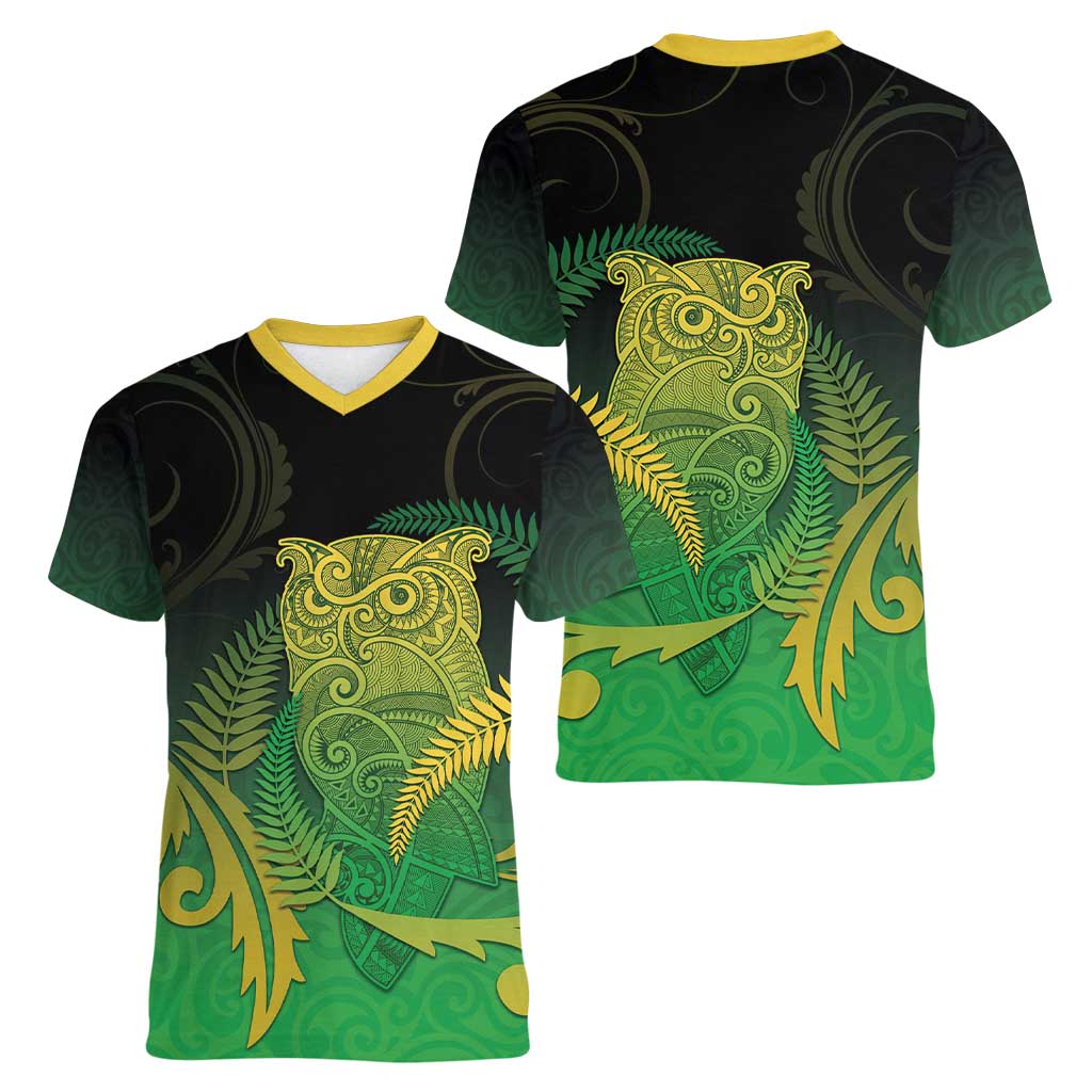 New Zealand Aotearoa Ruru Women V-Neck T-Shirt Maori Fern Art Green