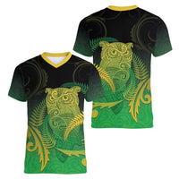 New Zealand Aotearoa Ruru Women V-Neck T-Shirt Maori Fern Art Green