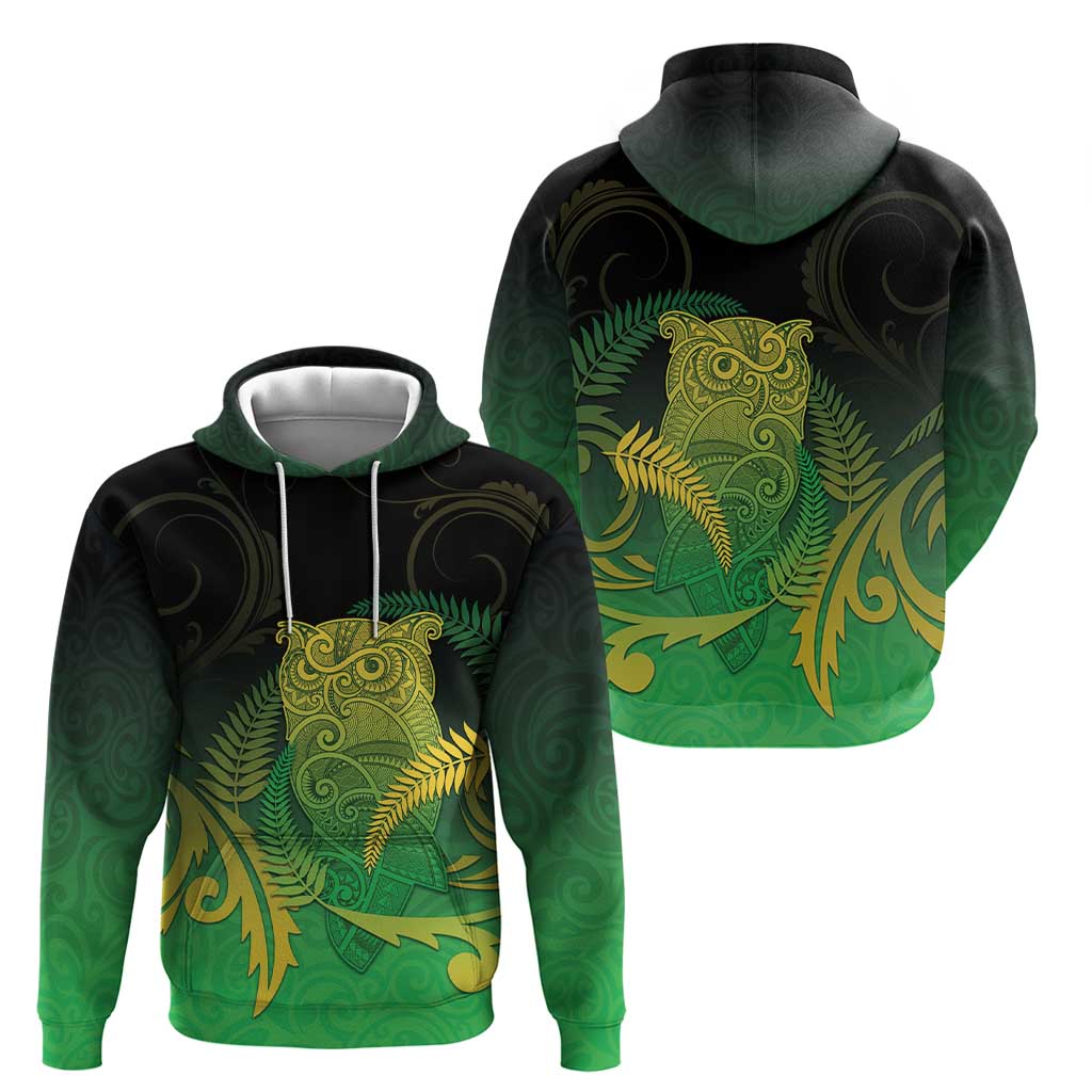 New Zealand Aotearoa Ruru Zip Hoodie Maori Fern Art Green