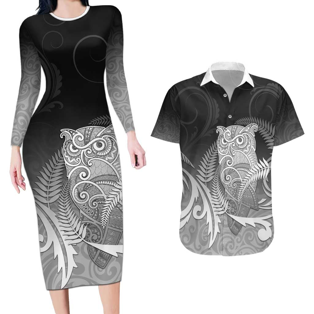 New Zealand Aotearoa Ruru Couples Matching Long Sleeve Bodycon Dress and Hawaiian Shirt Maori Fern Art Black LT05 Black - Polynesian Pride