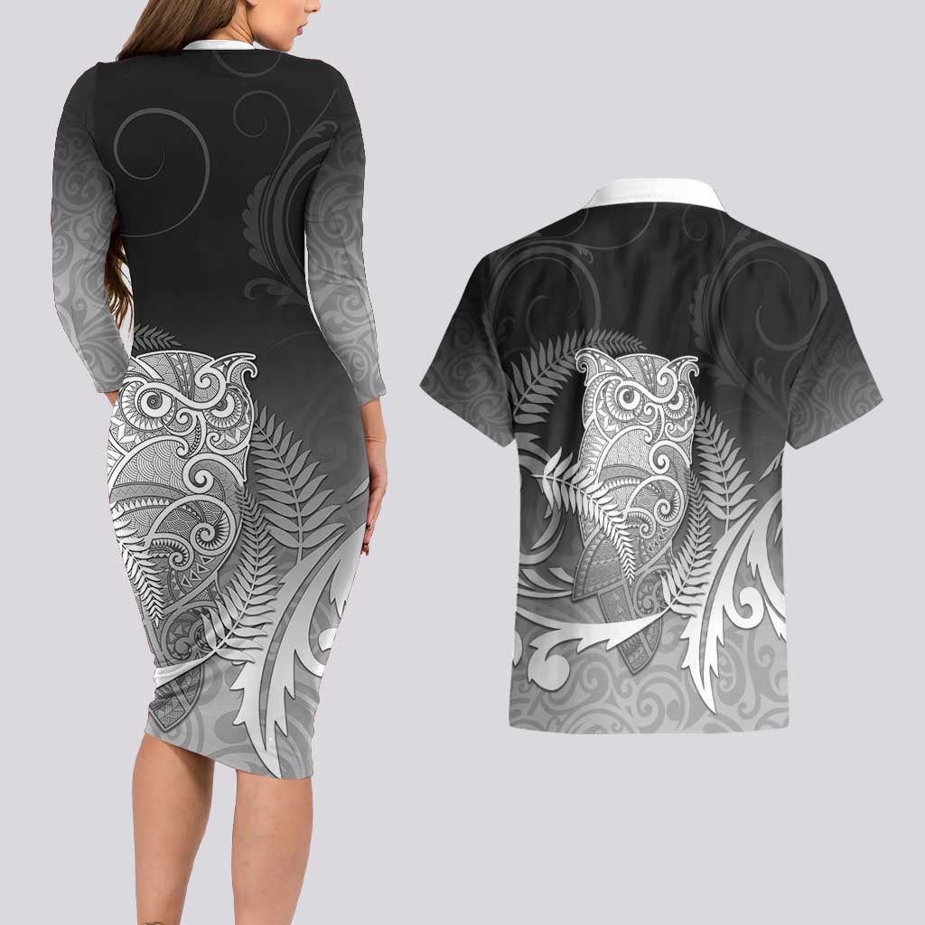 New Zealand Aotearoa Ruru Couples Matching Long Sleeve Bodycon Dress and Hawaiian Shirt Maori Fern Art Black LT05 - Polynesian Pride