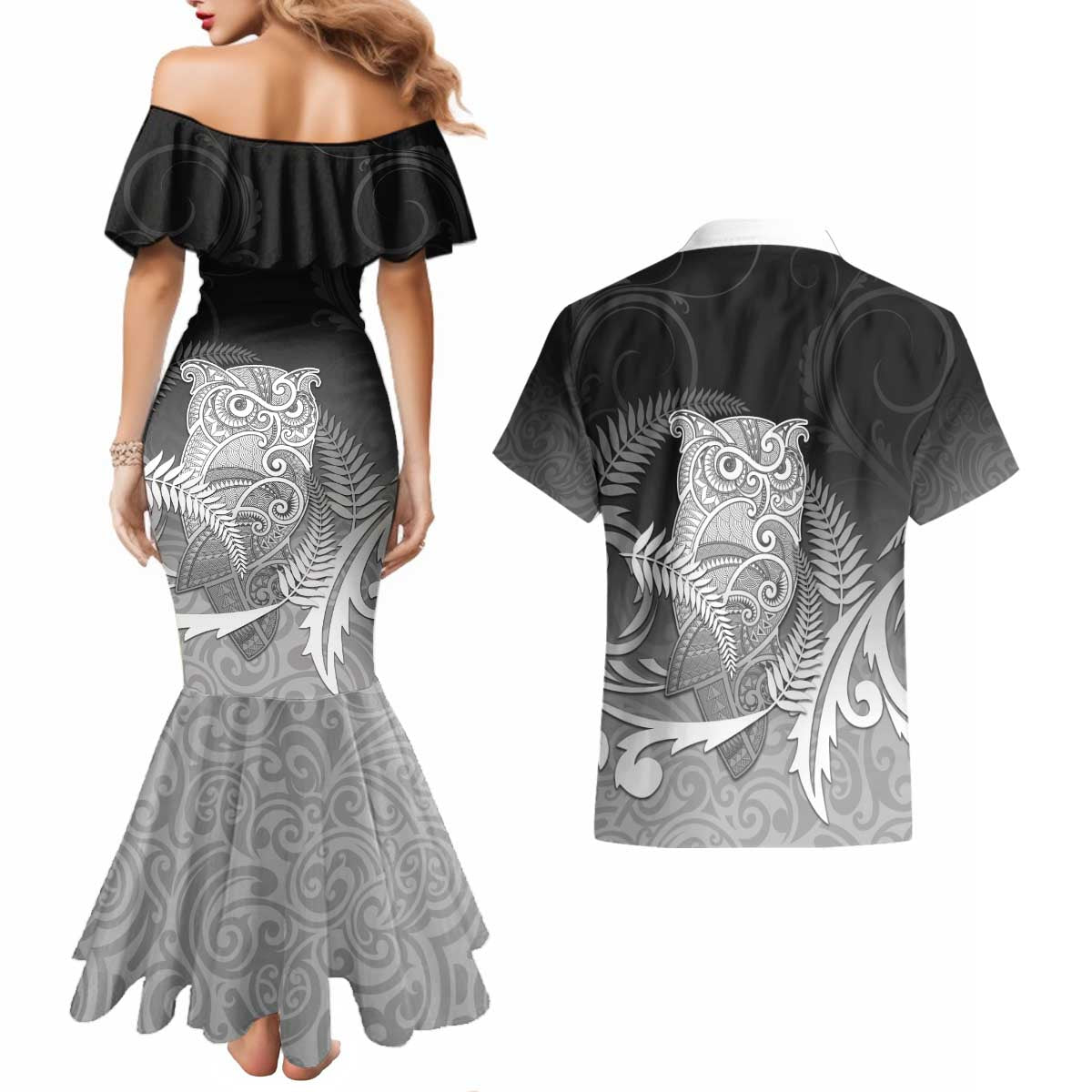 New Zealand Aotearoa Ruru Couples Matching Mermaid Dress and Hawaiian Shirt Maori Fern Art Black LT05 - Polynesian Pride