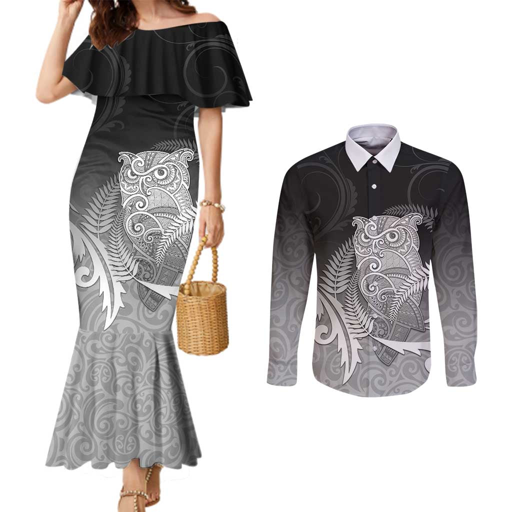 New Zealand Aotearoa Ruru Couples Matching Mermaid Dress and Long Sleeve Button Shirt Maori Fern Art Black LT05 Black - Polynesian Pride