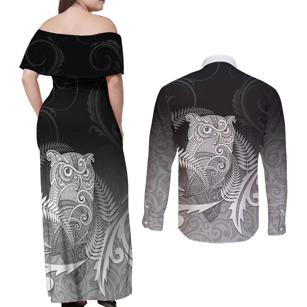 New Zealand Aotearoa Ruru Couples Matching Off Shoulder Maxi Dress and Long Sleeve Button Shirt Maori Fern Art Black LT05 - Polynesian Pride