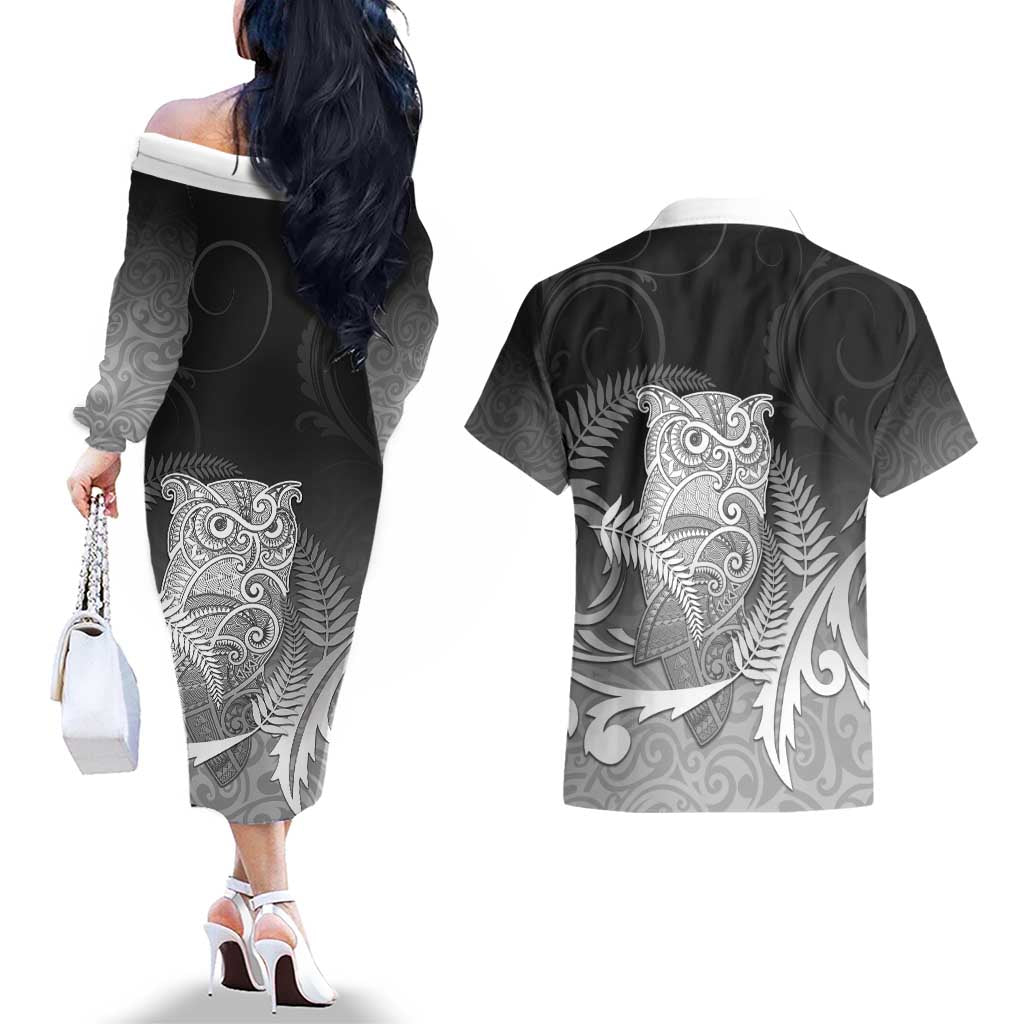 New Zealand Aotearoa Ruru Couples Matching Off The Shoulder Long Sleeve Dress and Hawaiian Shirt Maori Fern Art Black LT05 - Polynesian Pride