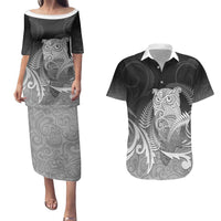 New Zealand Aotearoa Ruru Couples Matching Puletasi and Hawaiian Shirt Maori Fern Art Black