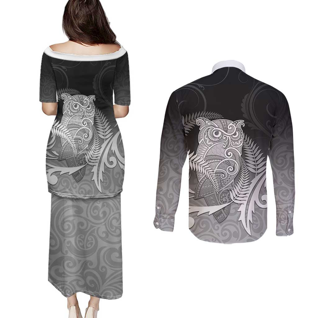 New Zealand Aotearoa Ruru Couples Matching Puletasi and Long Sleeve Button Shirt Maori Fern Art Black